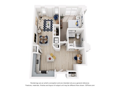 A 3D flooor plan of a small one bedroom apartment with a kitchen, living room, den and bathroom.